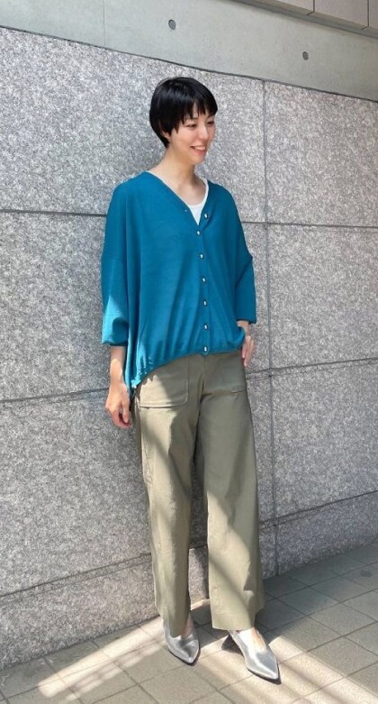 袖ドロストシルバー釦カーディガン✖️バックラッシュベイカーパンツ