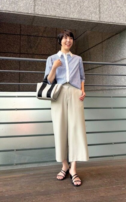 ⭐︎ストライプパフ袖シャツ×タブ付きガウチョ⭐︎