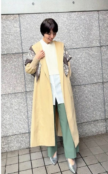 袖リブコート×ベストアンサンブル×ベイカーパンツ