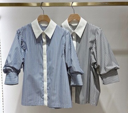 ⭐︎ストライプパフ袖シャツ×タブ付きガウチョ⭐︎