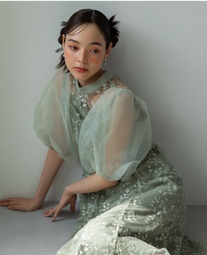 小柄さんに人気】オーガンジーパフスリーブ フラワー刺繍レースドレス👗