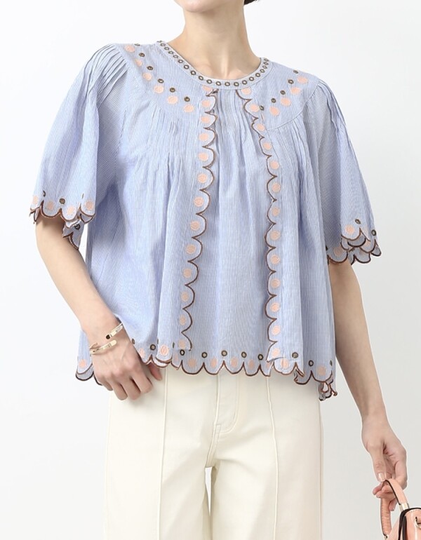 ドット×スカラップの華やかインポートブラウス